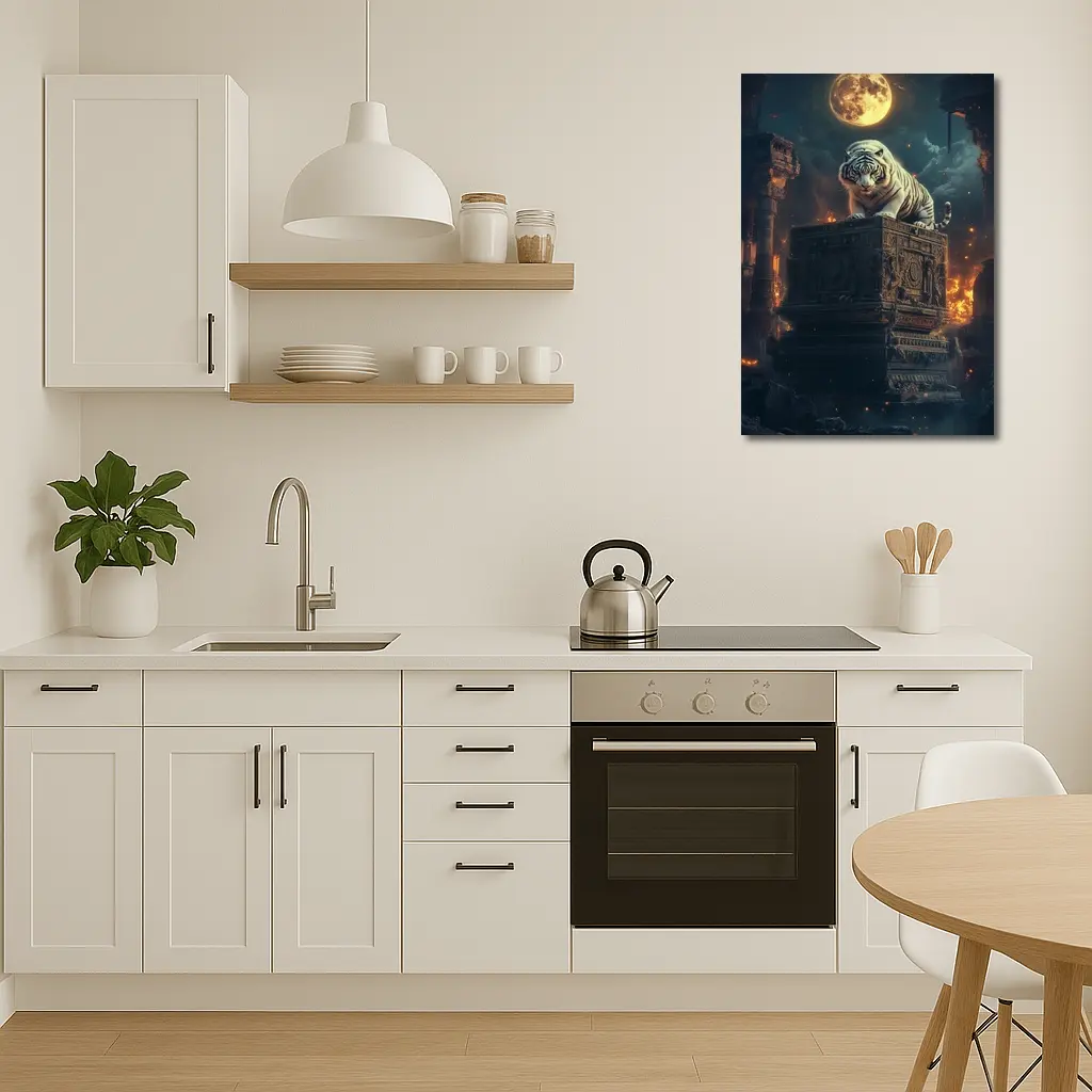 White Tiger Perched on Ancient Ruins Moonlight – Wall Art