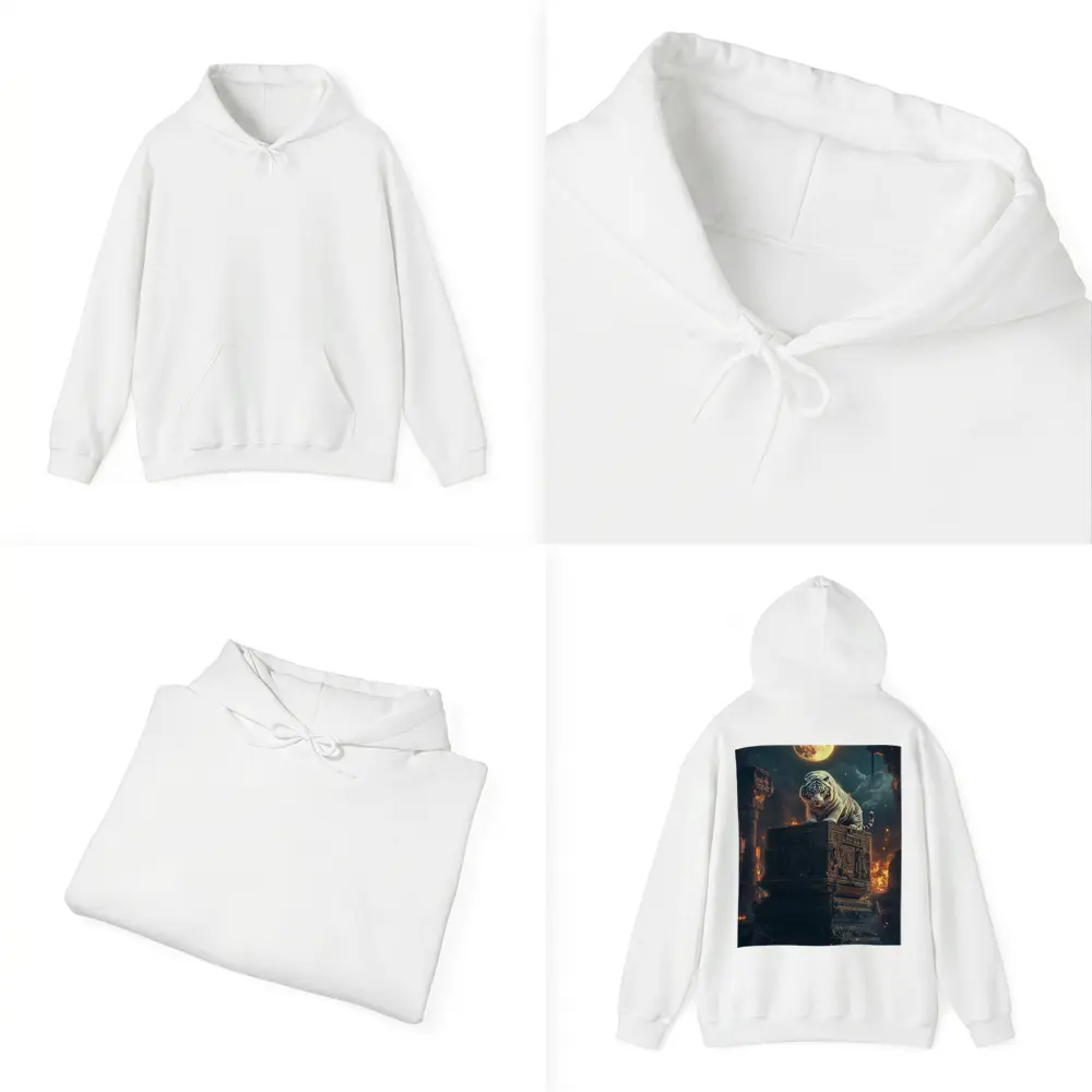 White Tiger Perched on Ancient Ruins Moonlight – Hoodies