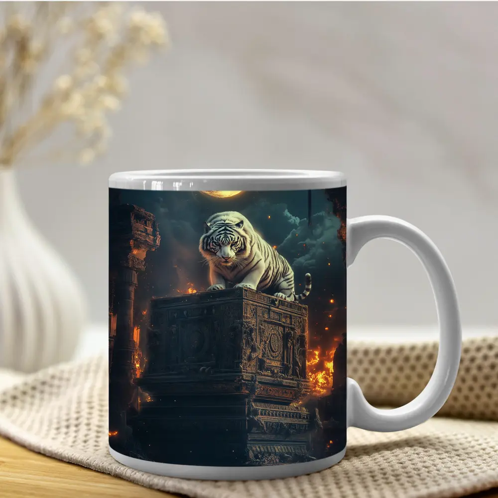 White Tiger Perched on Ancient Ruins Moonlight – Mugs