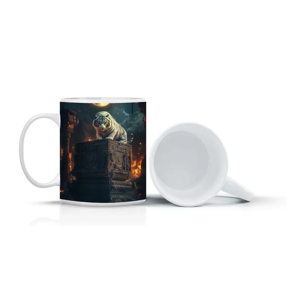 White Tiger Perched on Ancient Ruins Moonlight – Mugs