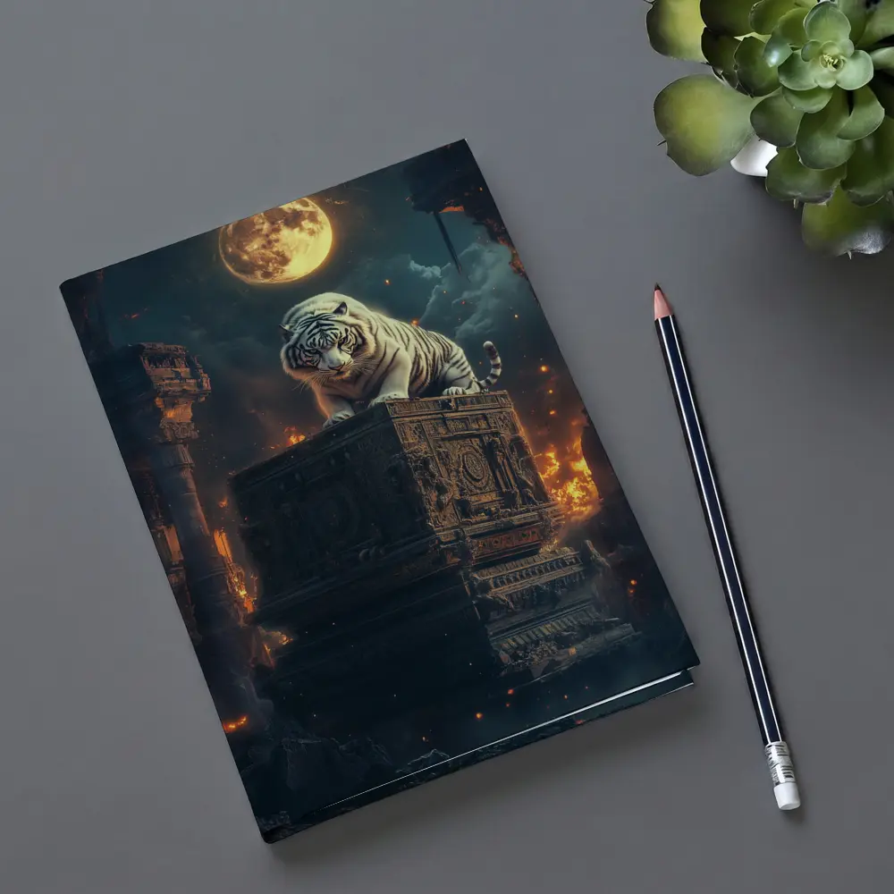 White Tiger Perched on Ancient Ruins Moonlight – Notebooks
