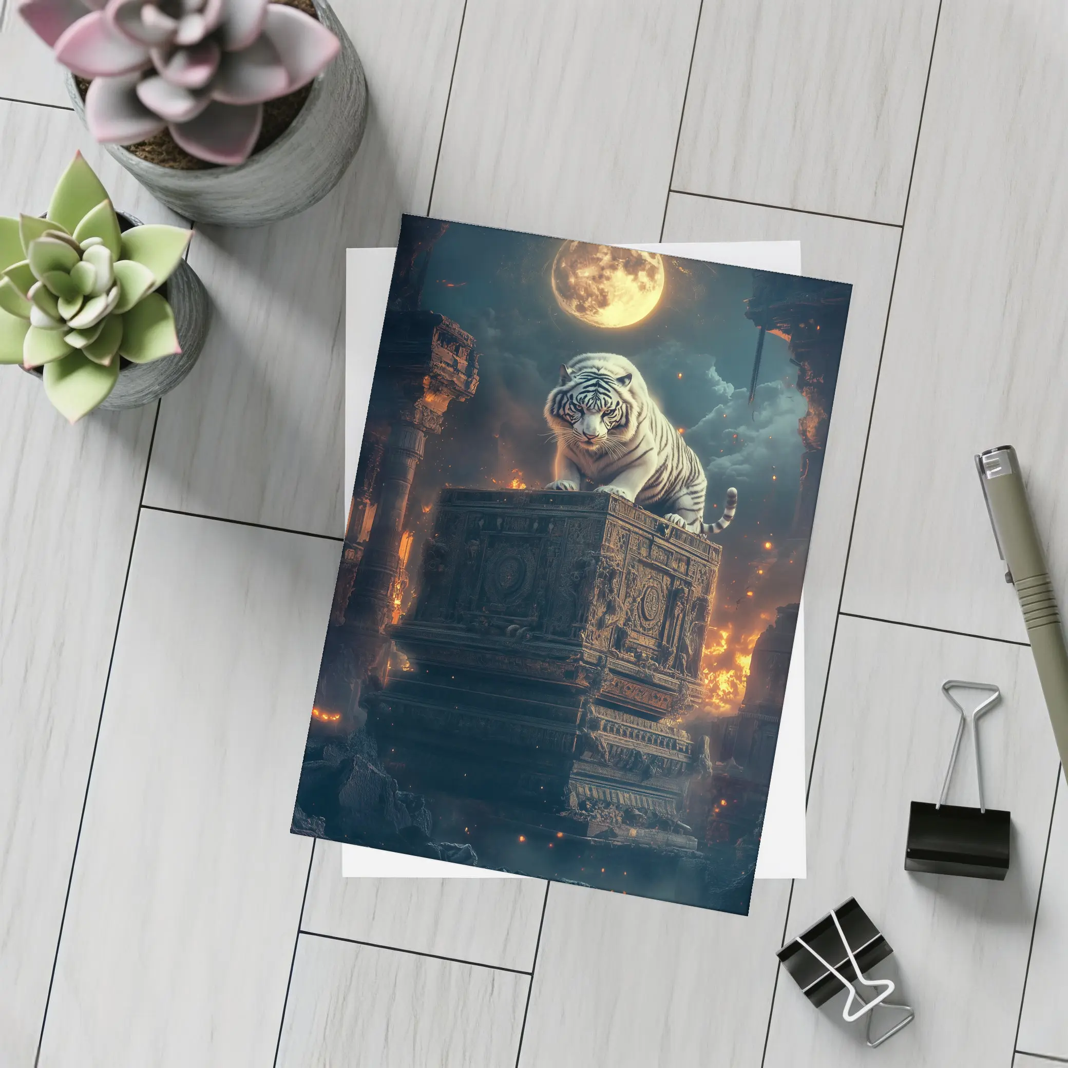 White Tiger Perched on Ancient Ruins Moonlight – Postcards