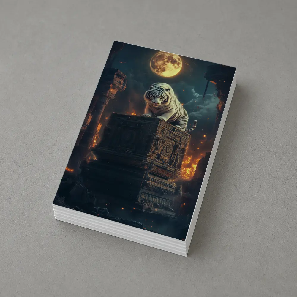 White Tiger Perched on Ancient Ruins Moonlight – Postcards