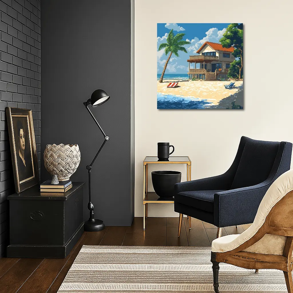 Pixel Art Beach House Tropical Shore – Wall Art
