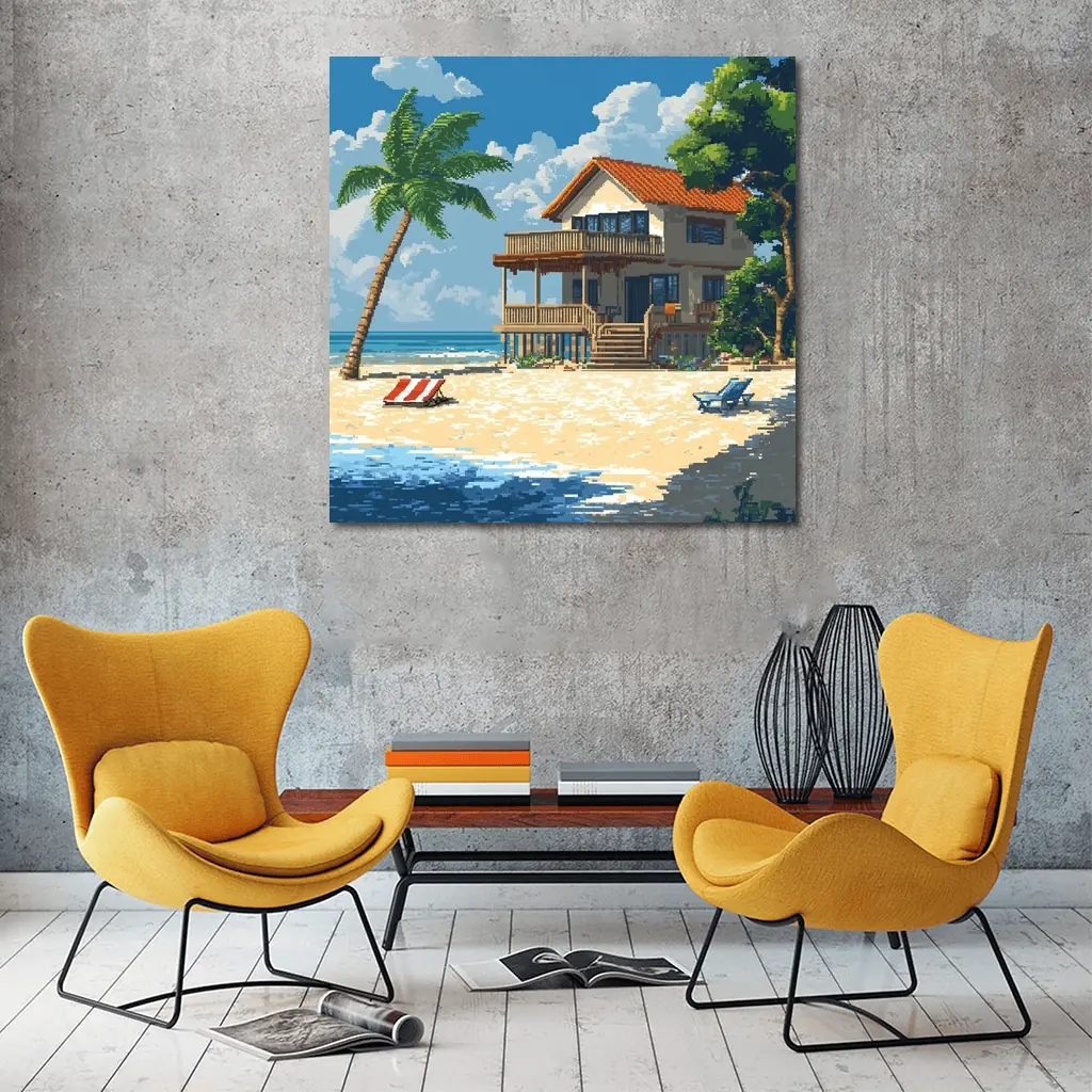 Pixel Art Beach House Tropical Shore – Wall Art
