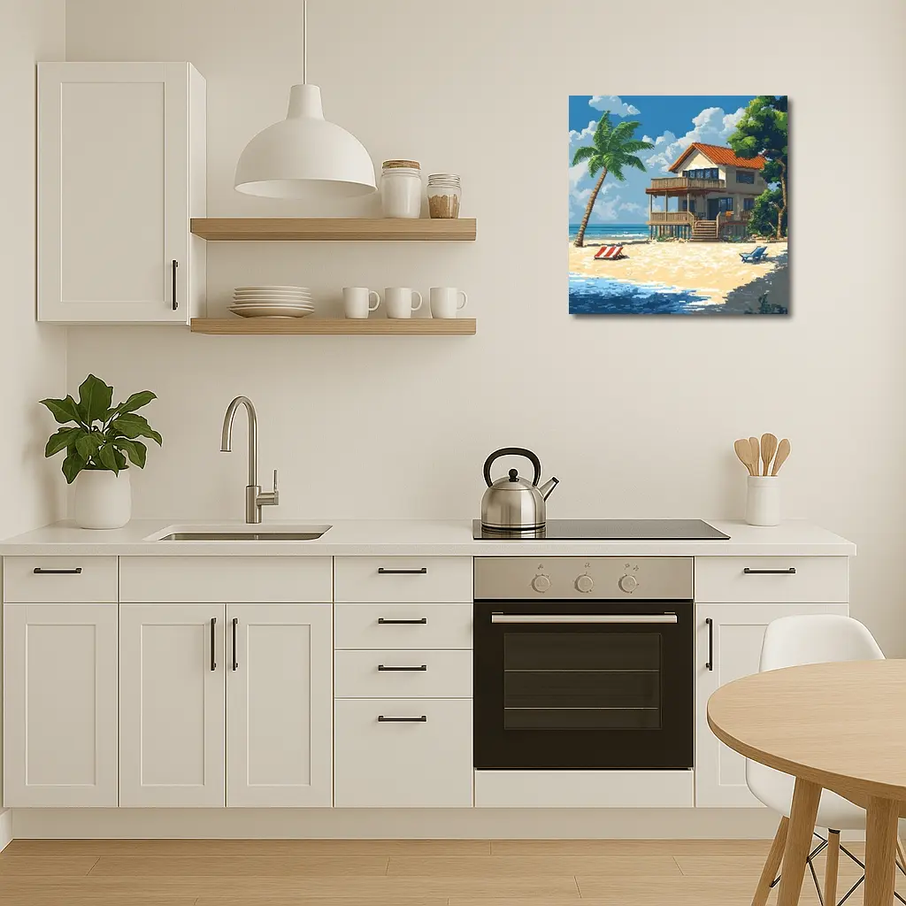 Pixel Art Beach House Tropical Shore – Wall Art