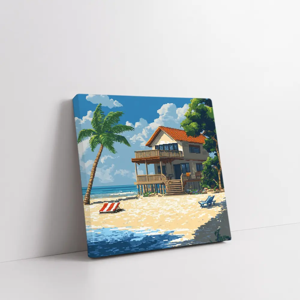 Pixel Art Beach House Tropical Shore – Wall Art
