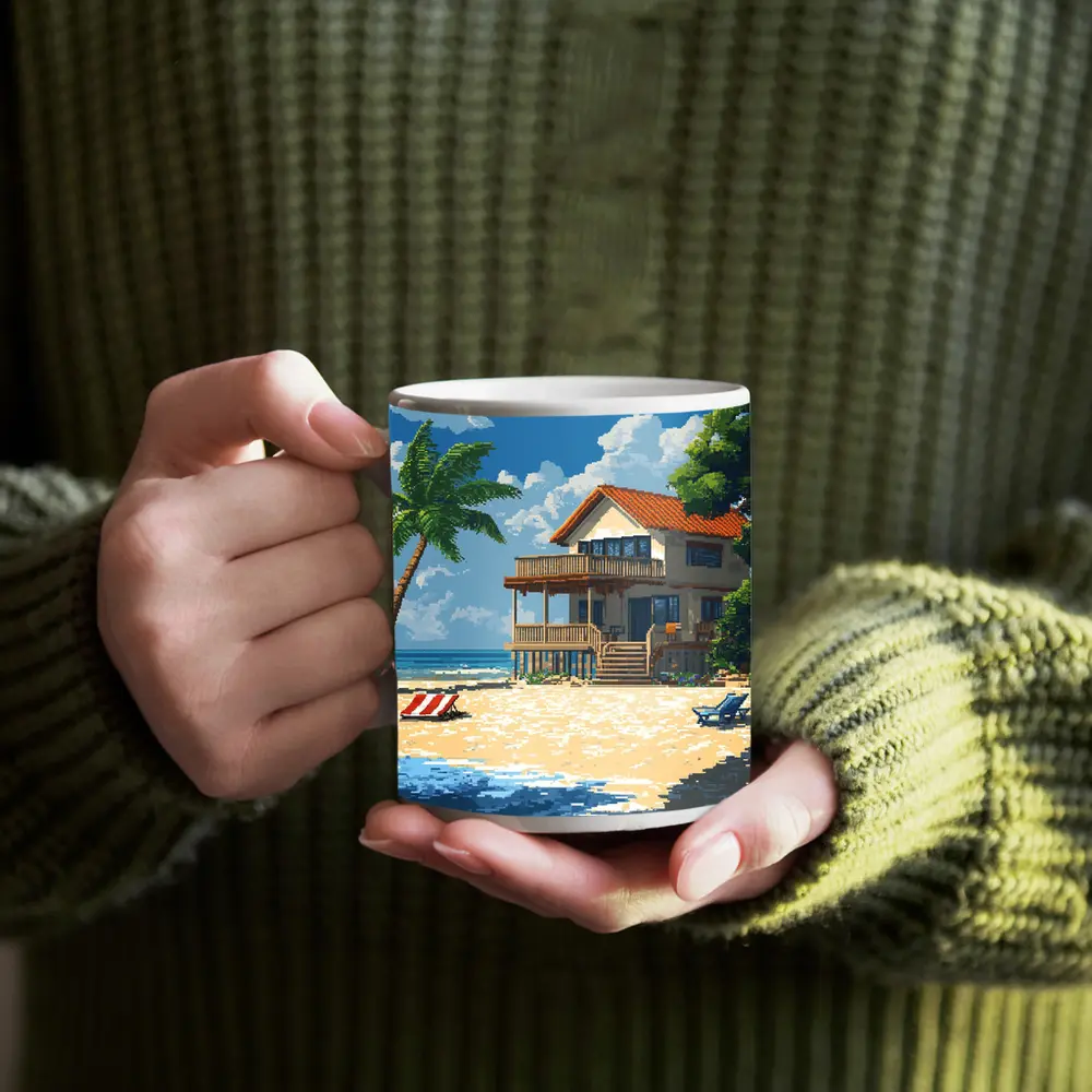 Pixel Art Beach House Tropical Shore – Mugs