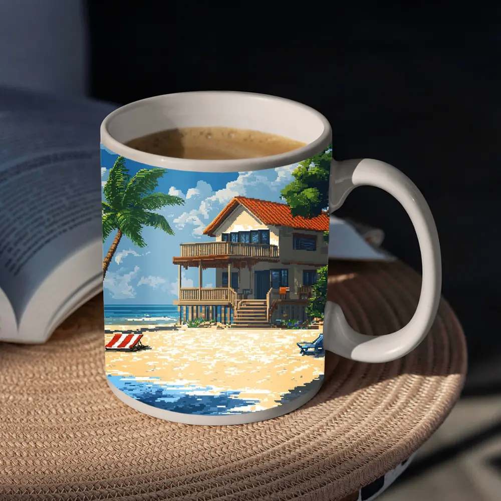 Pixel Art Beach House Tropical Shore – Mugs