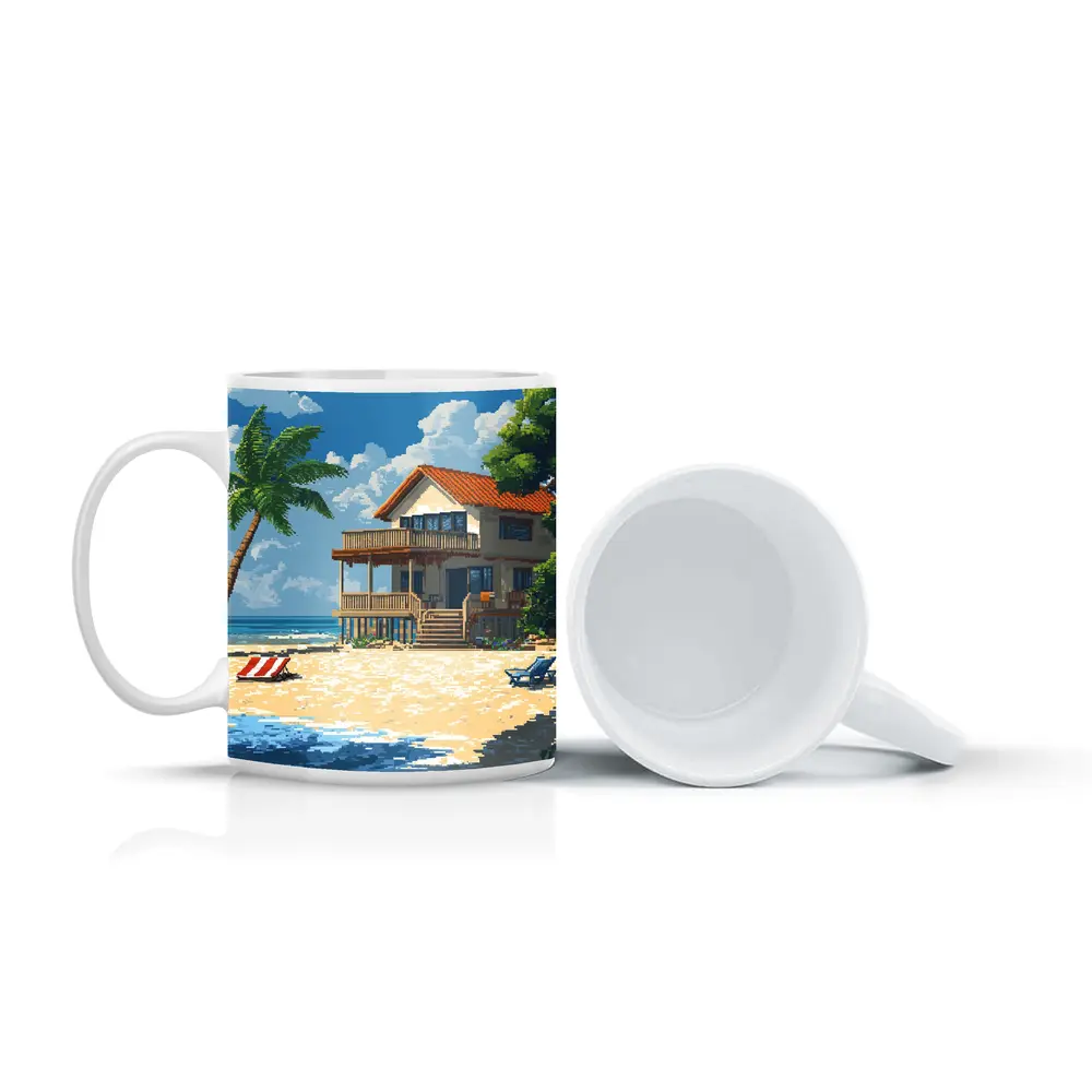 Pixel Art Beach House Tropical Shore – Mugs