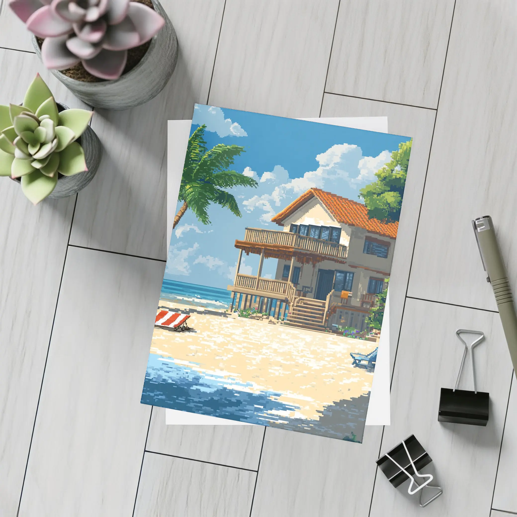 Pixel Art Beach House Tropical Shore – Postcards