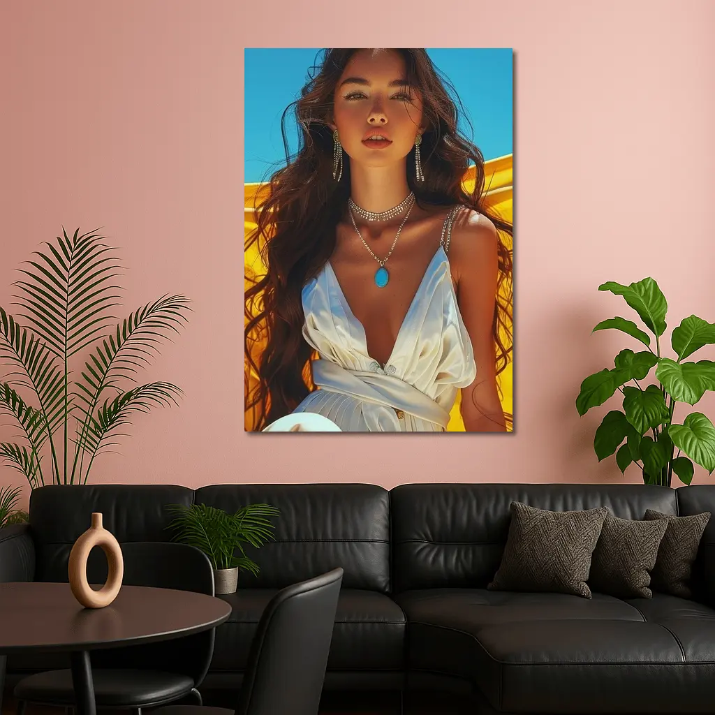 Young Woman White Dress Yellow Blue Background – Wall Art