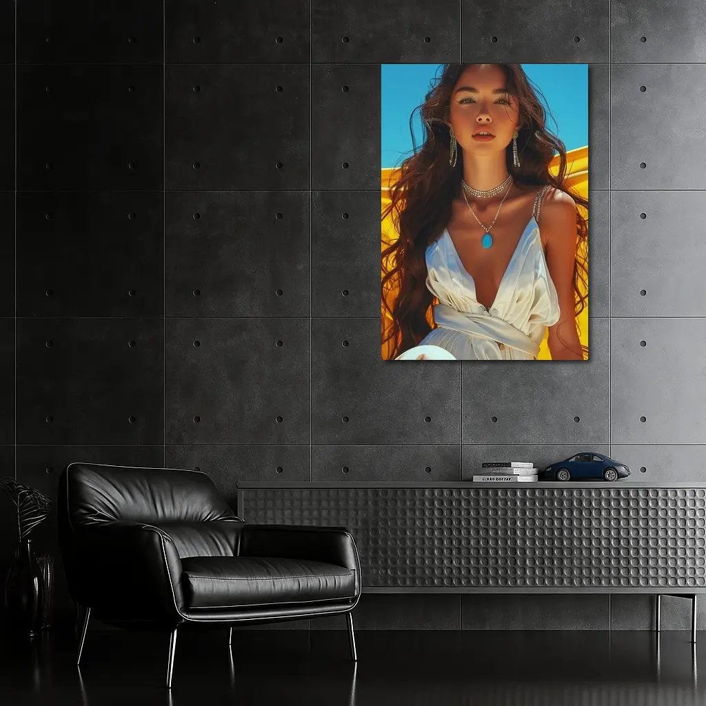 Young Woman White Dress Yellow Blue Background – Wall Art