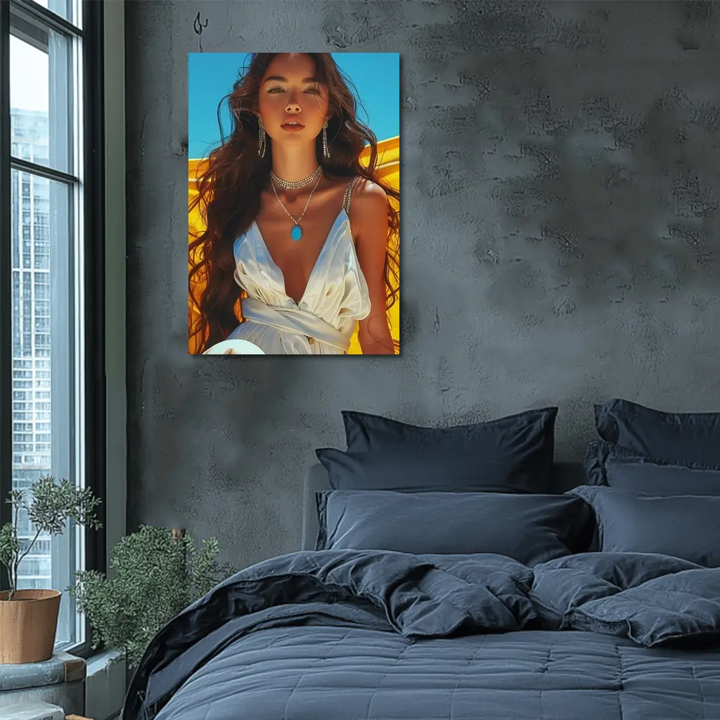 Young Woman White Dress Yellow Blue Background – Wall Art