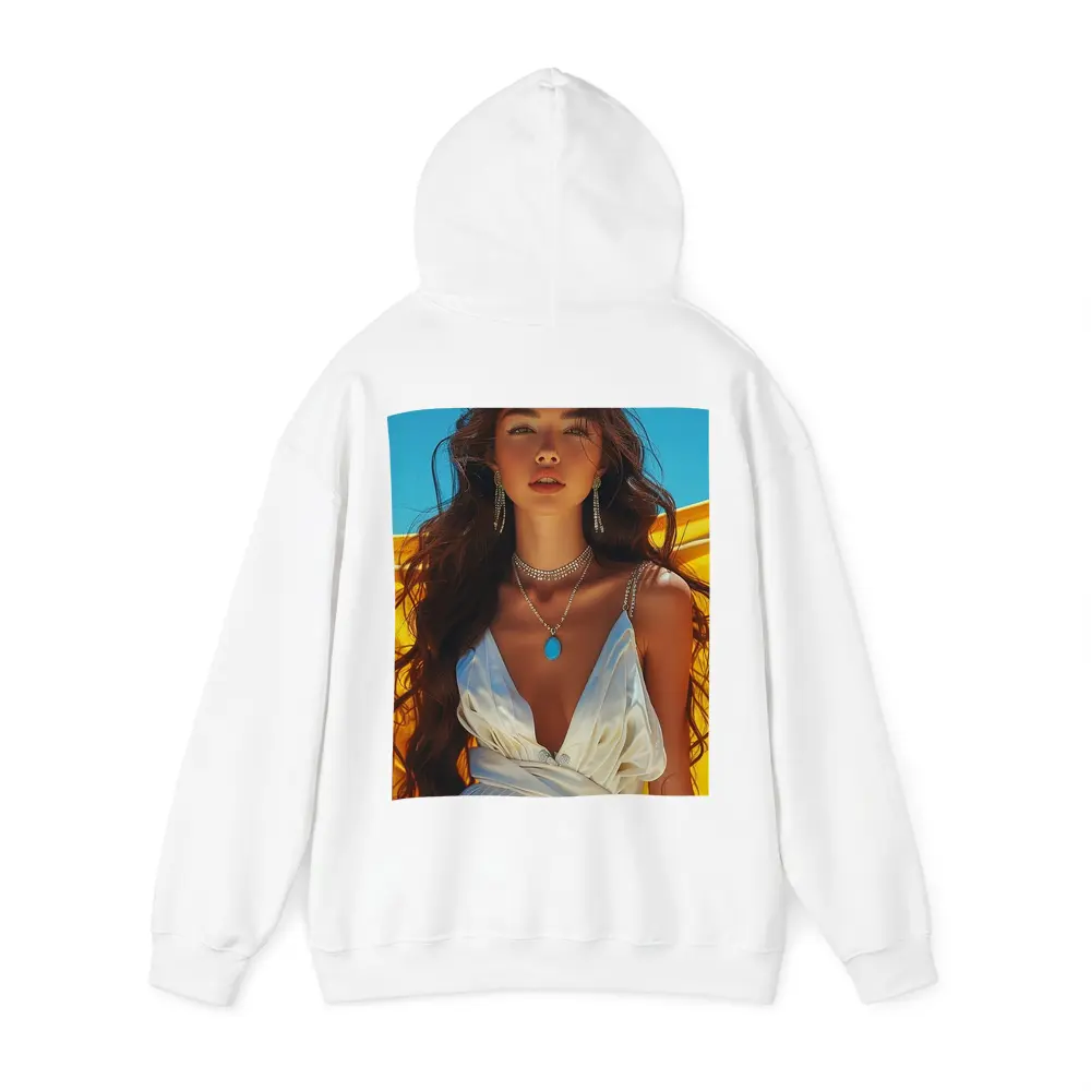 Young Woman White Dress Yellow Blue Background – Hoodies