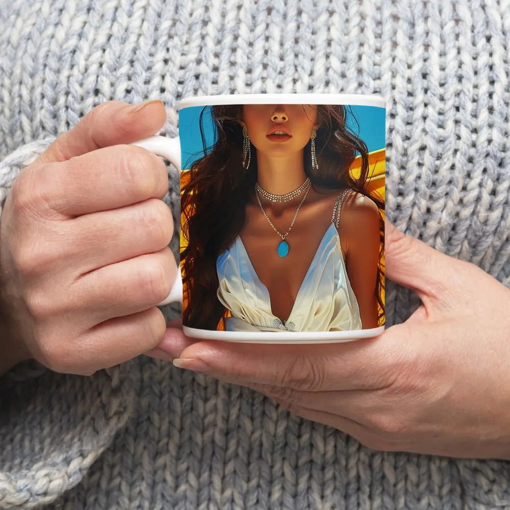 Young Woman White Dress Yellow Blue Background – Mugs