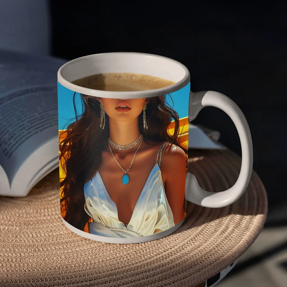 Young Woman White Dress Yellow Blue Background – Mugs