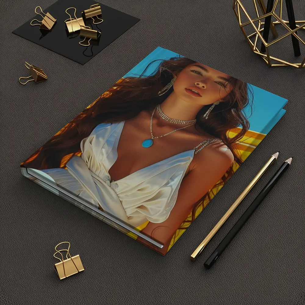 Young Woman White Dress Yellow Blue Background – Notebooks