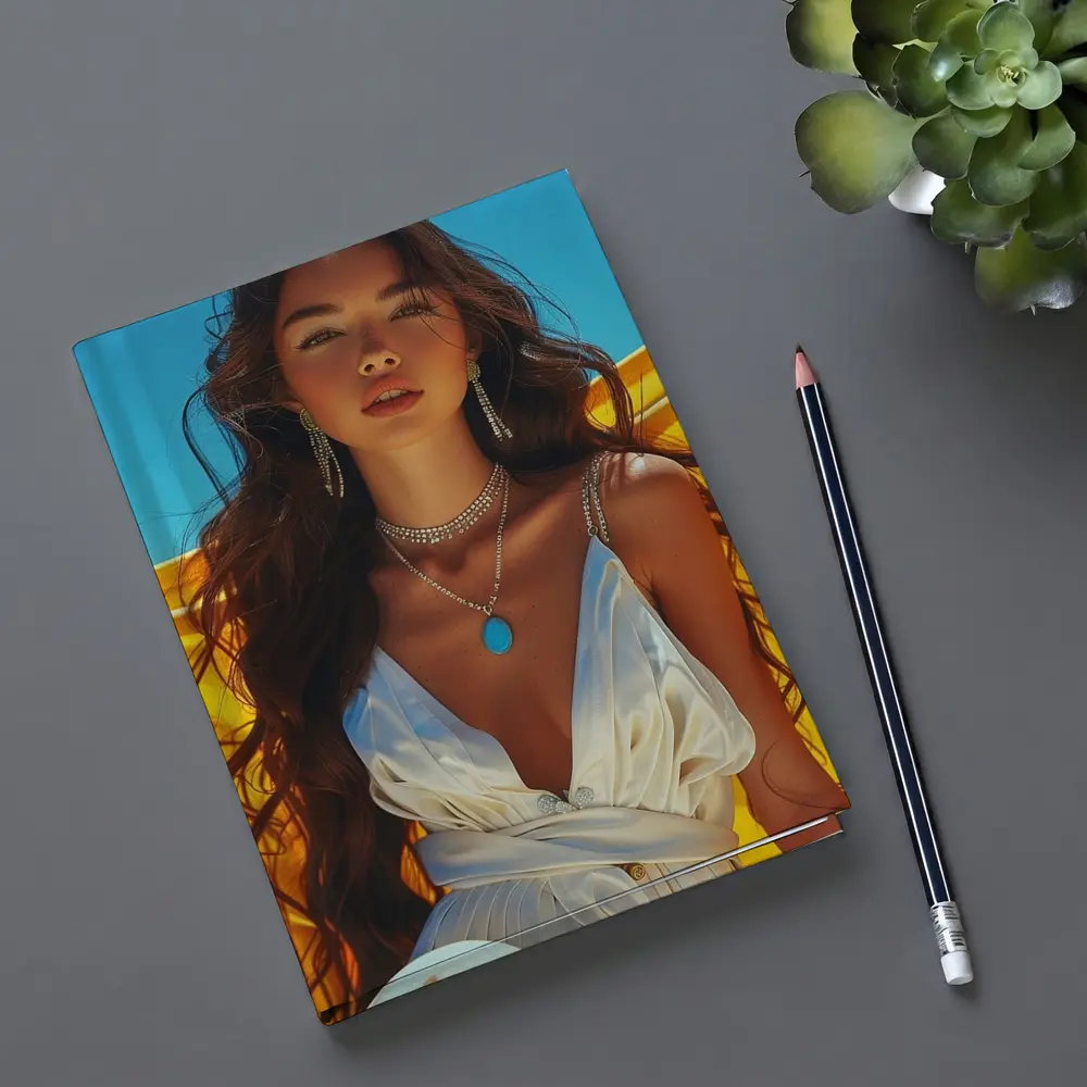 Young Woman White Dress Yellow Blue Background – Notebooks