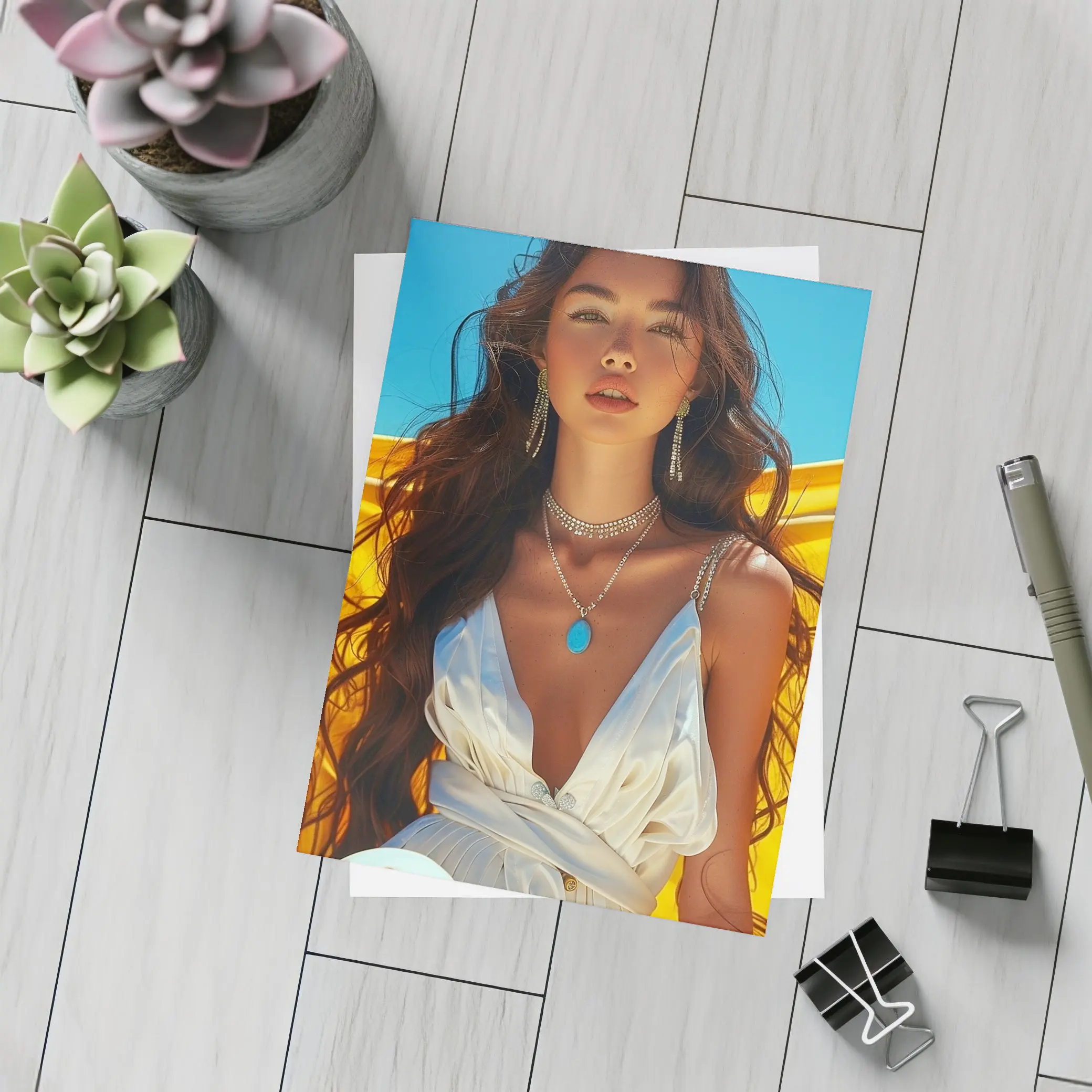 Young Woman White Dress Yellow Blue Background – Postcards