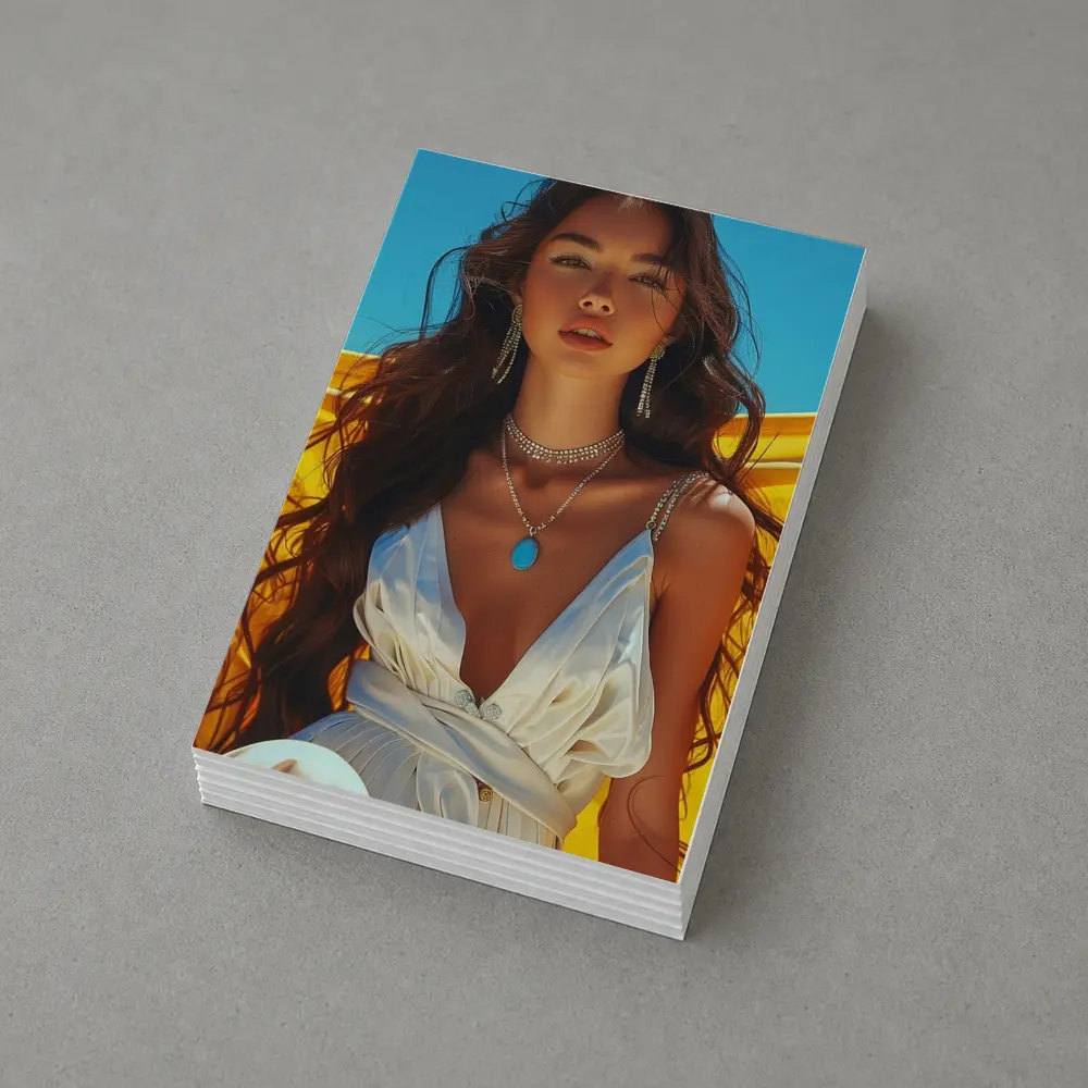 Young Woman White Dress Yellow Blue Background – Postcards