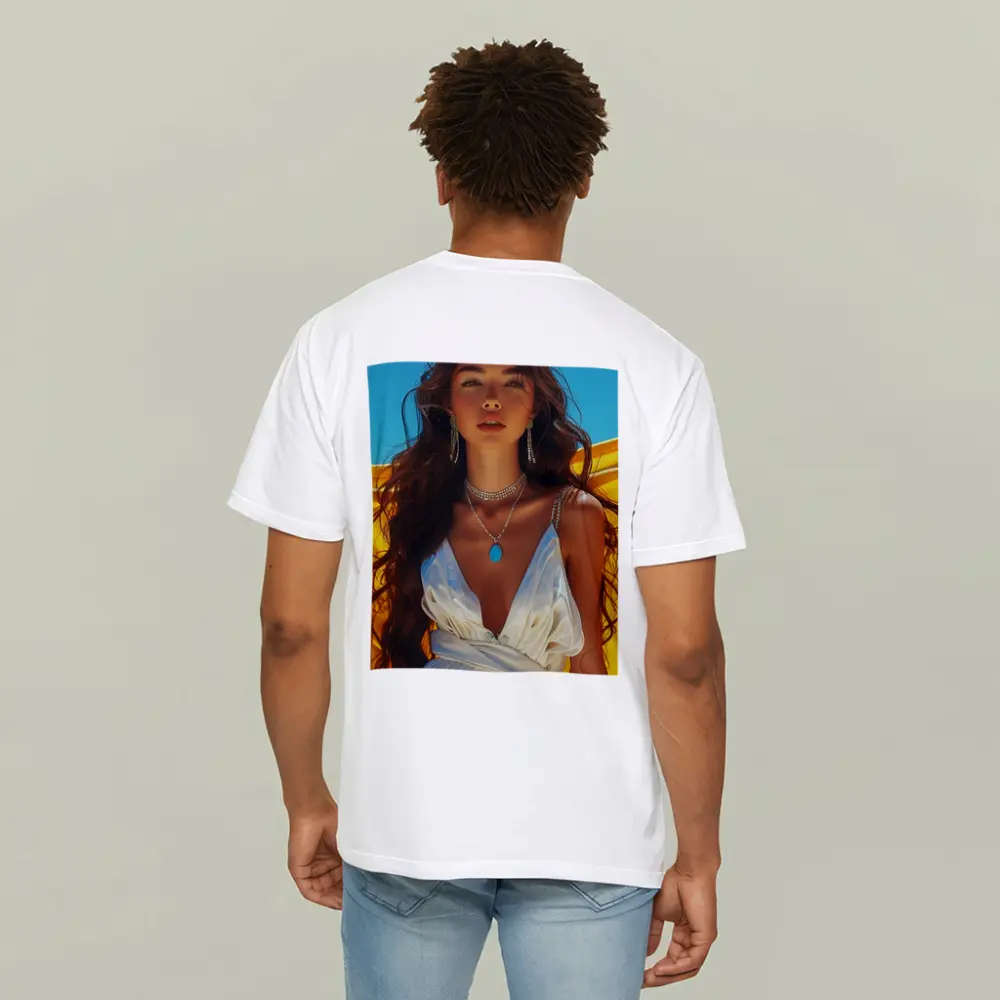 Young Woman White Dress Yellow Blue Background – T-Shirts