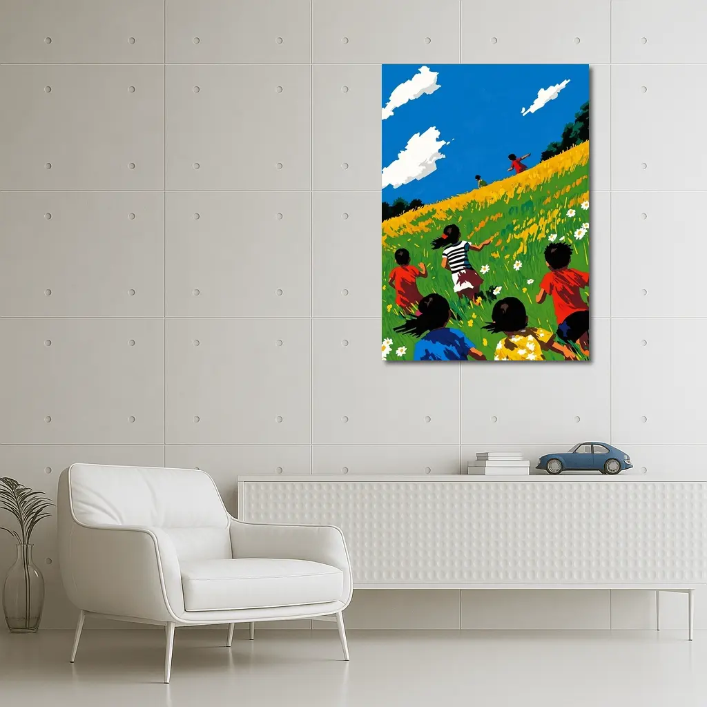 Children Running Through Sunny Wildflower Field – Wall Art