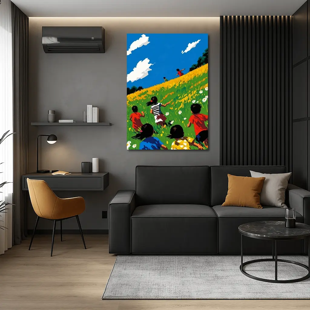 Children Running Through Sunny Wildflower Field – Wall Art