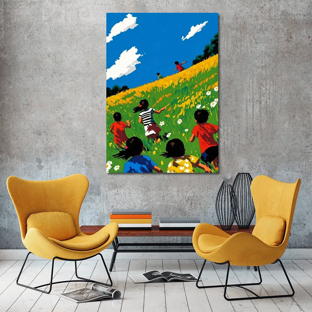Children Running Through Sunny Wildflower Field – Wall Art