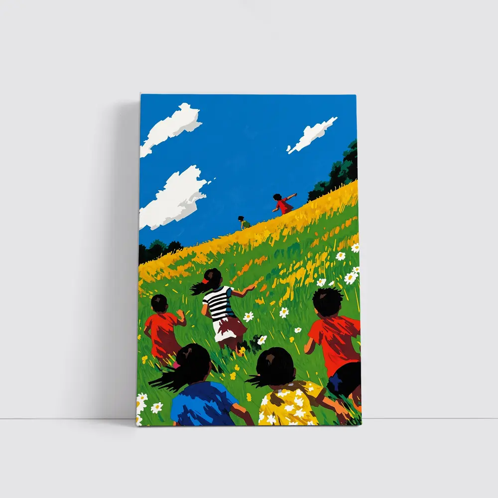 Children Running Through Sunny Wildflower Field – Wall Art