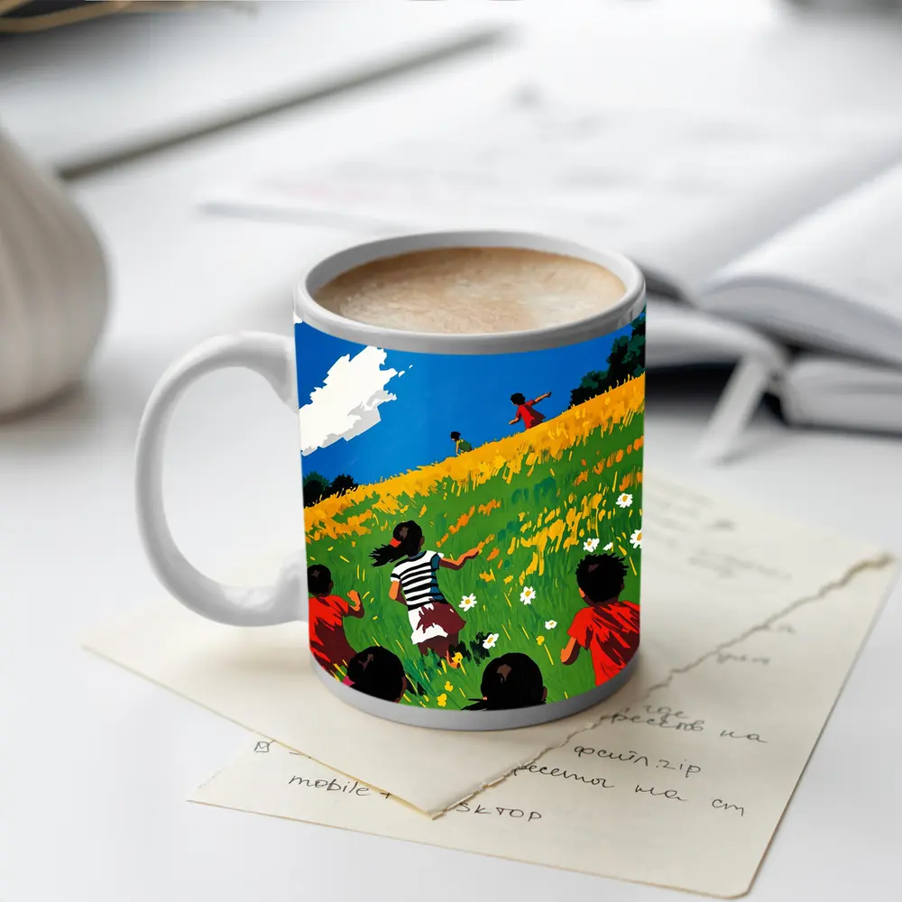 Children Running Through Sunny Wildflower Field – Mugs