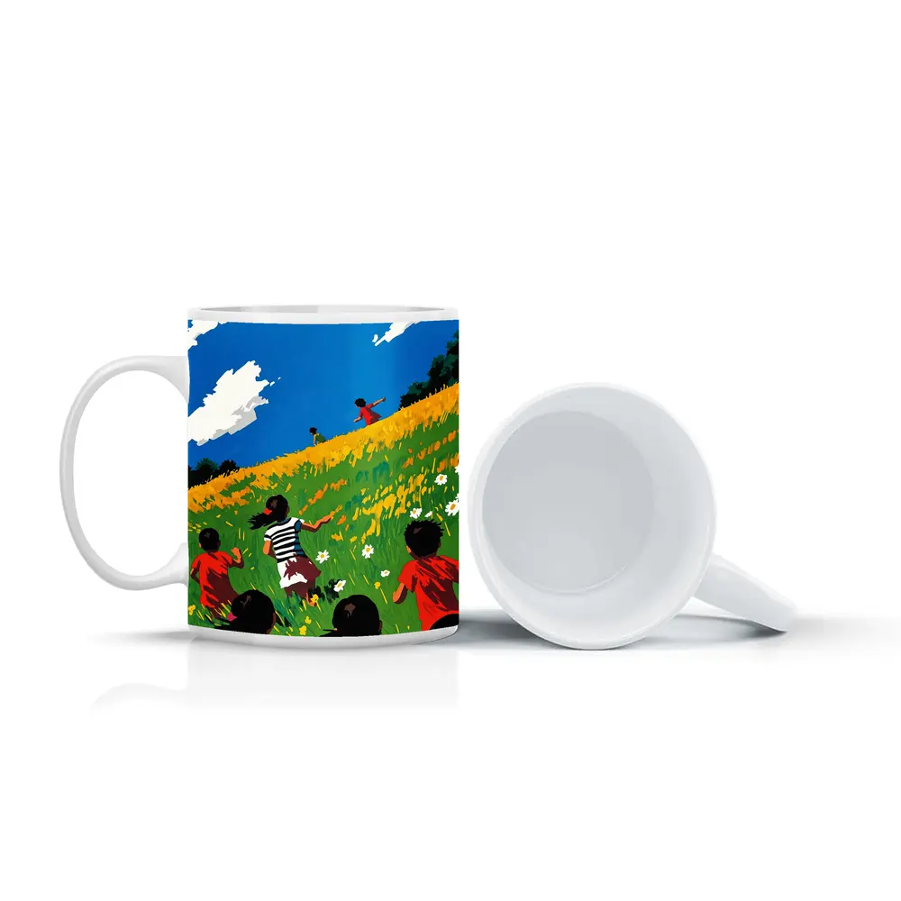 Children Running Through Sunny Wildflower Field – Mugs