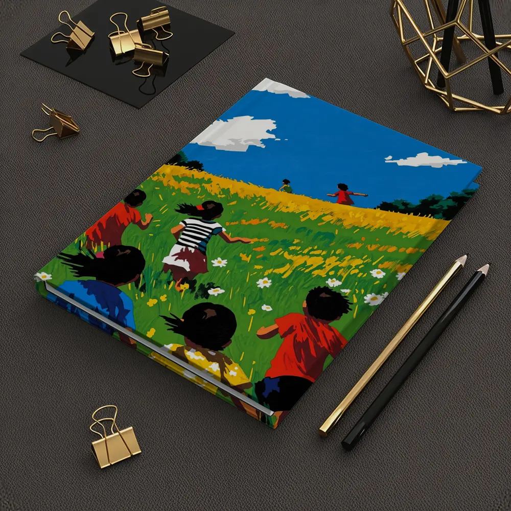 Children Running Through Sunny Wildflower Field – Notebooks