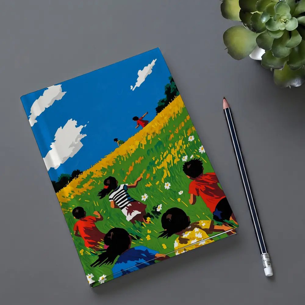Children Running Through Sunny Wildflower Field – Notebooks