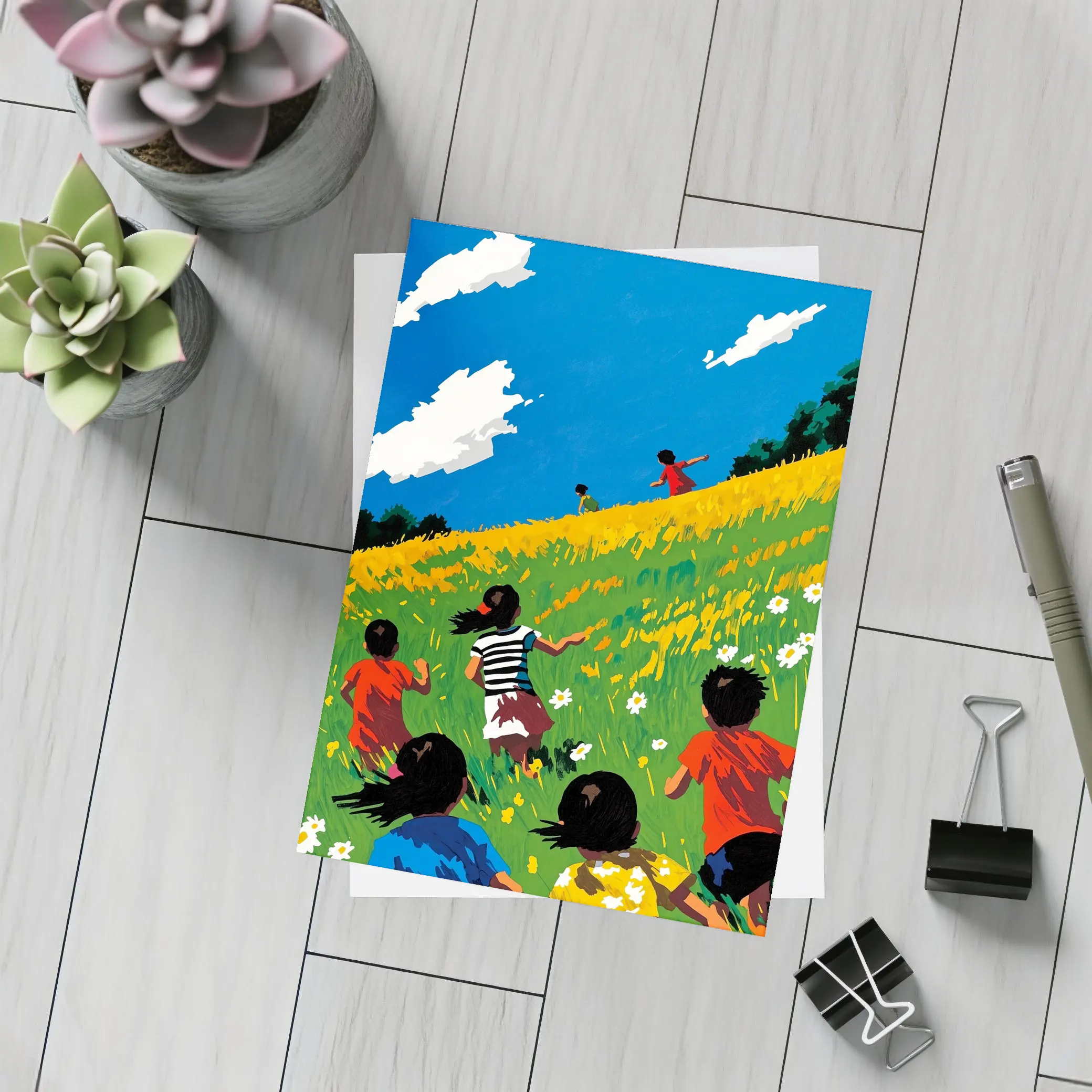 Children Running Through Sunny Wildflower Field – Postcards
