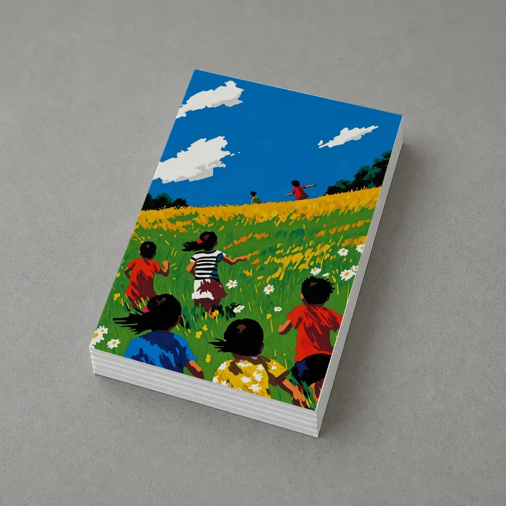 Children Running Through Sunny Wildflower Field – Postcards