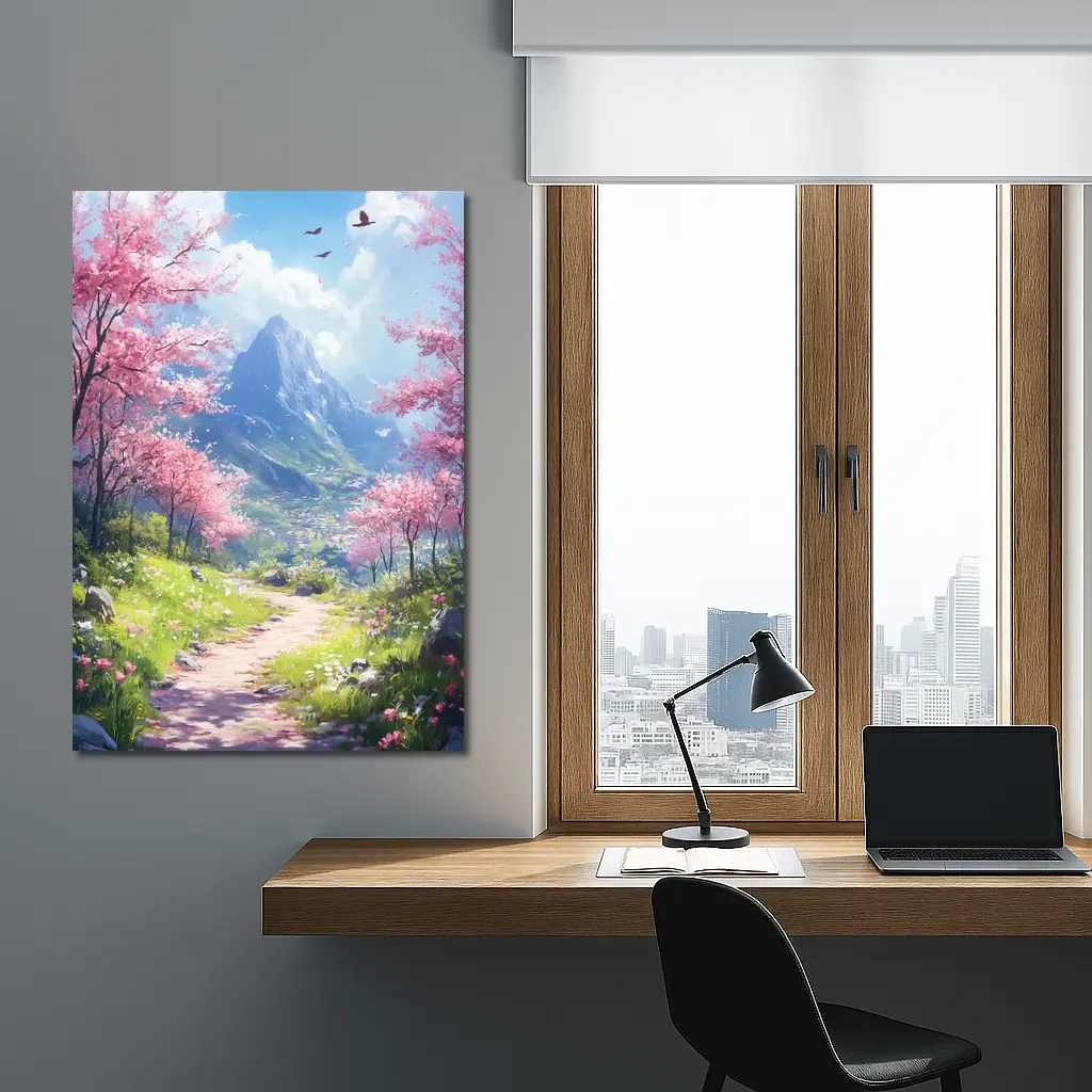Cherry Blossom Path Mountain Anime Art – Wall Art