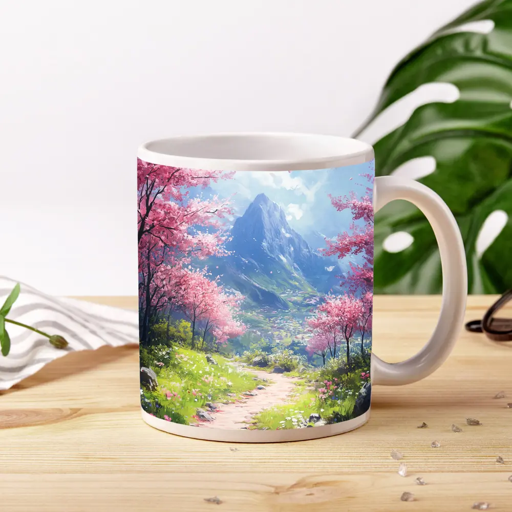 Cherry Blossom Path Mountain Anime Art – Mugs