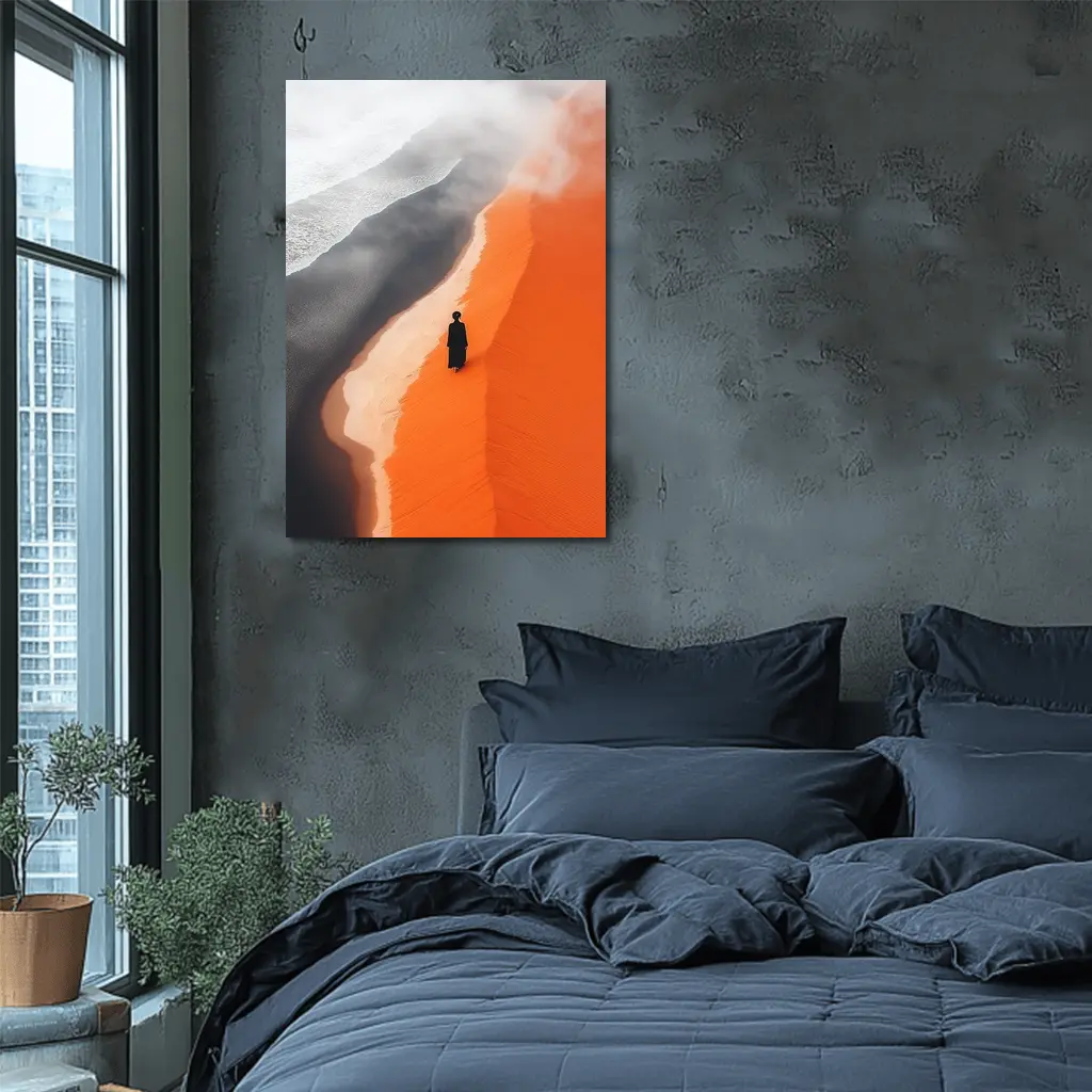 Lone Figure Walking Orange Desert Sand Dunes – Wall Art