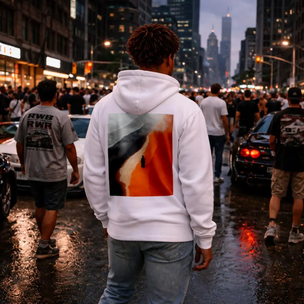 Lone Figure Walking Orange Desert Sand Dunes – Hoodies
