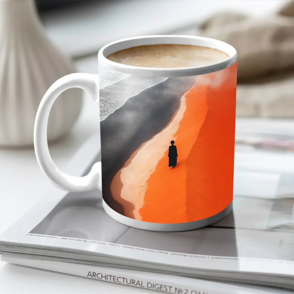 Lone Figure Walking Orange Desert Sand Dunes – Mugs