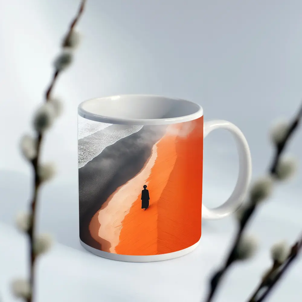 Lone Figure Walking Orange Desert Sand Dunes – Mugs