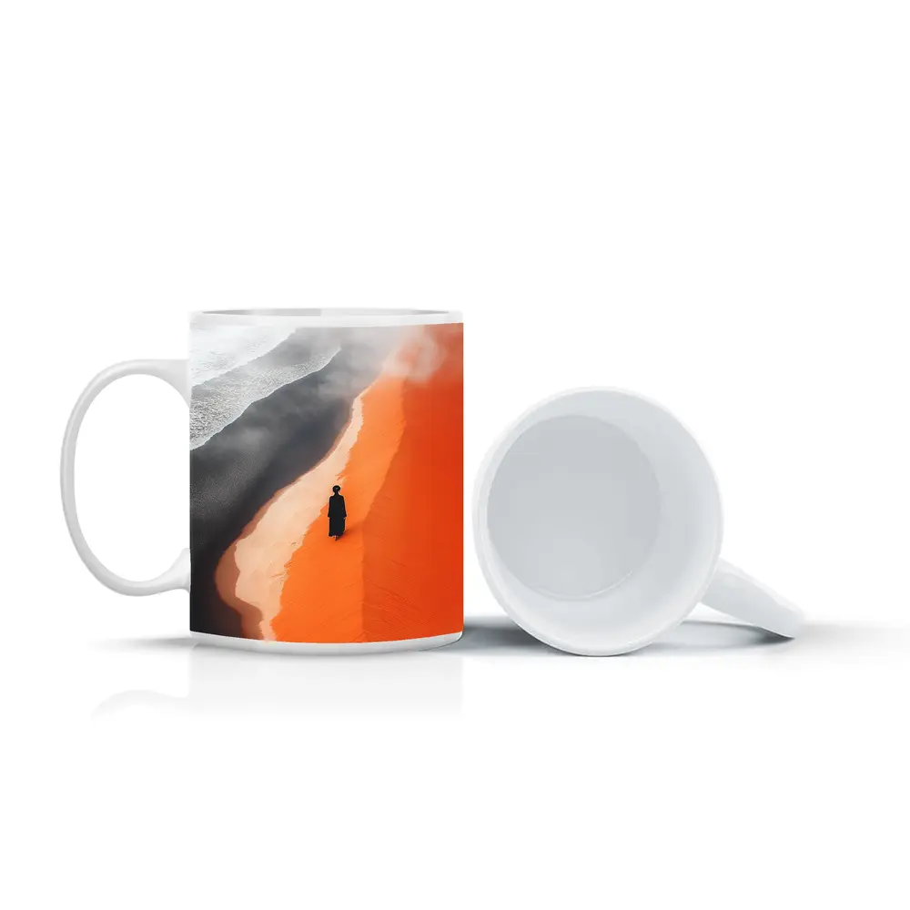 Lone Figure Walking Orange Desert Sand Dunes – Mugs