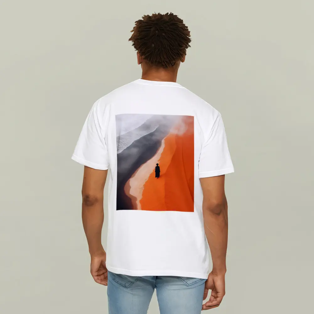 Lone Figure Walking Orange Desert Sand Dunes – T-Shirts