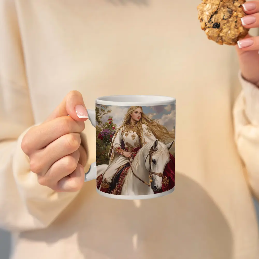 Medieval Princess Riding White Horse Fantasy Art – Mugs