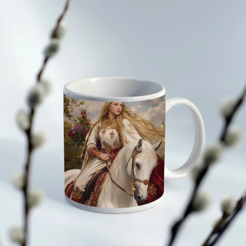 Medieval Princess Riding White Horse Fantasy Art – Mugs