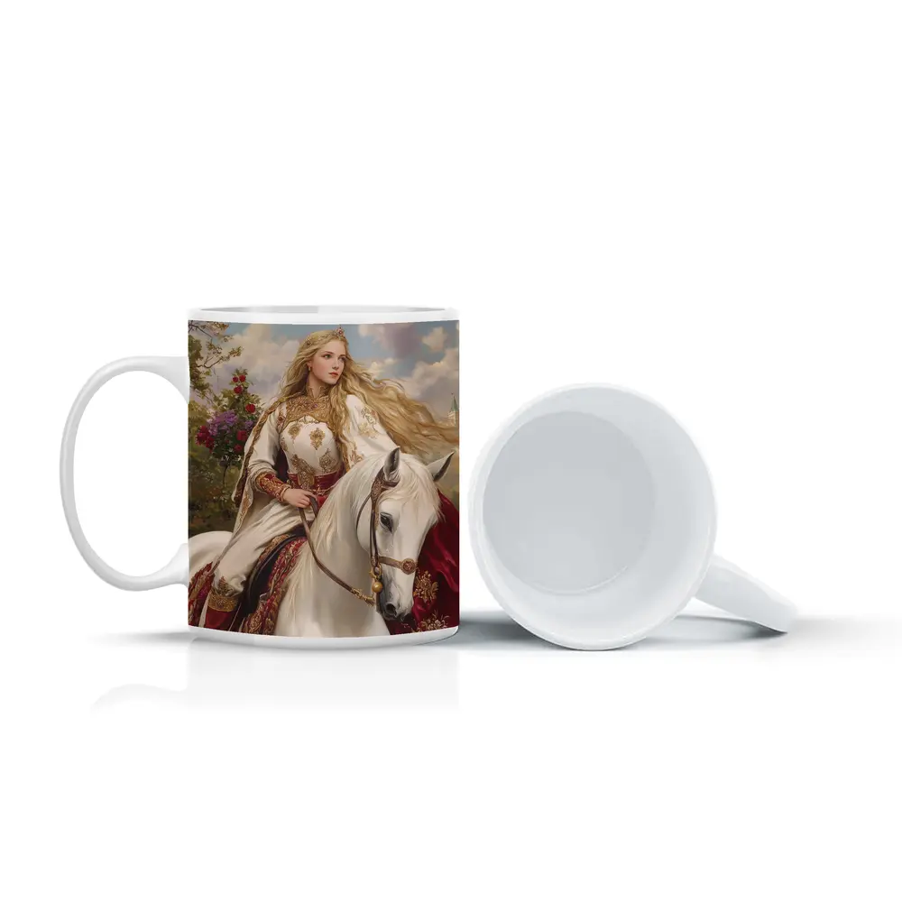 Medieval Princess Riding White Horse Fantasy Art – Mugs