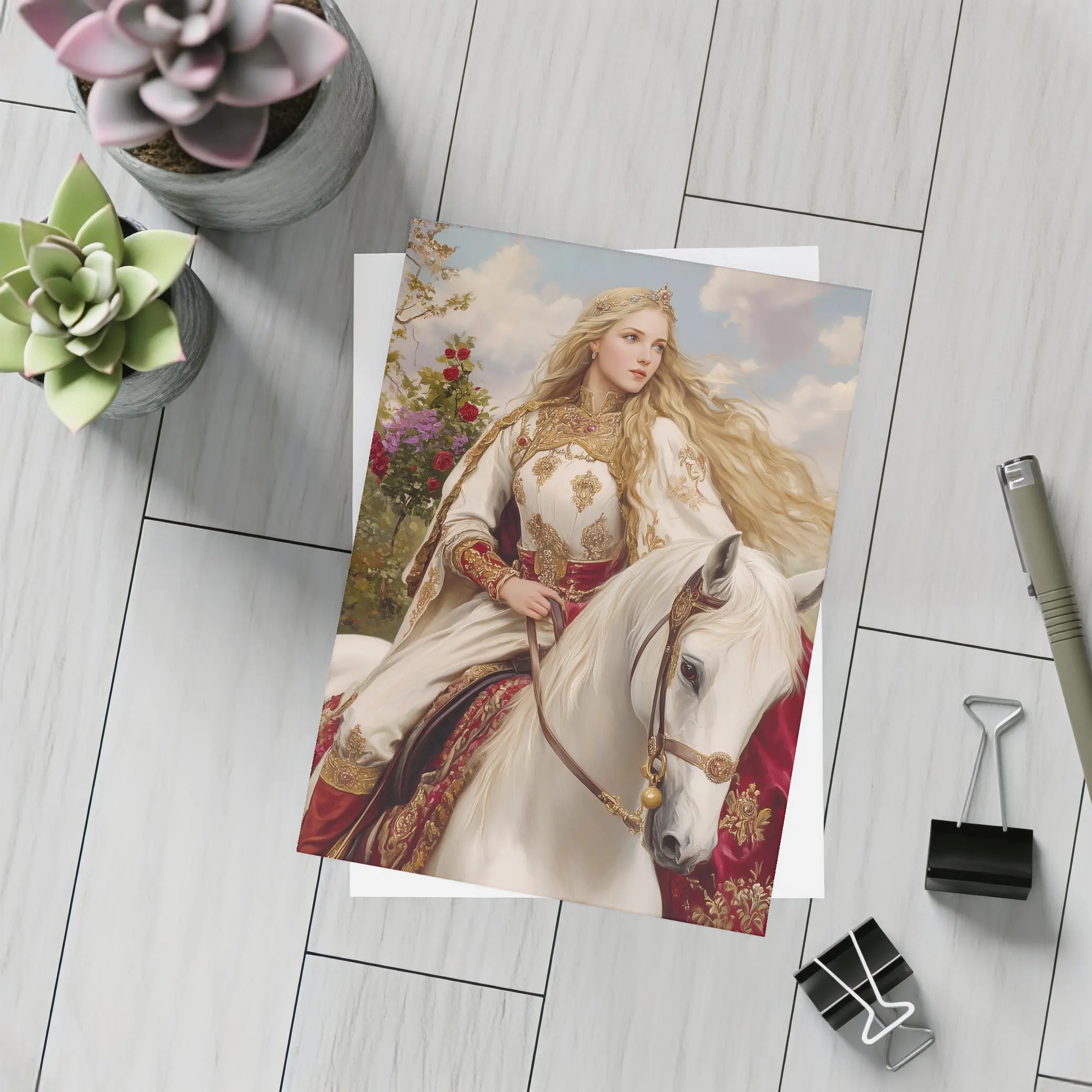 Medieval Princess Riding White Horse Fantasy Art – Postcards