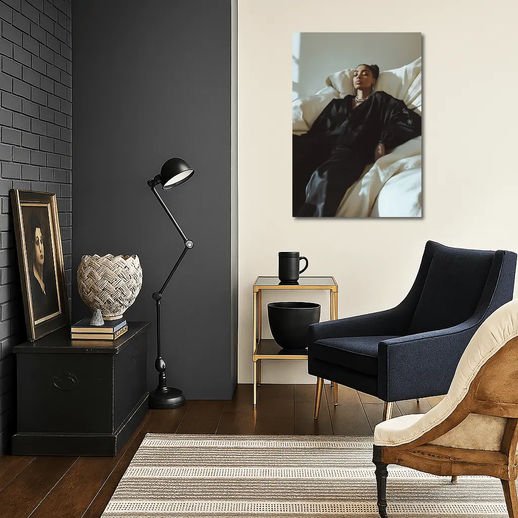 Woman in Black Silk Resting on White Sofa – Wall Art