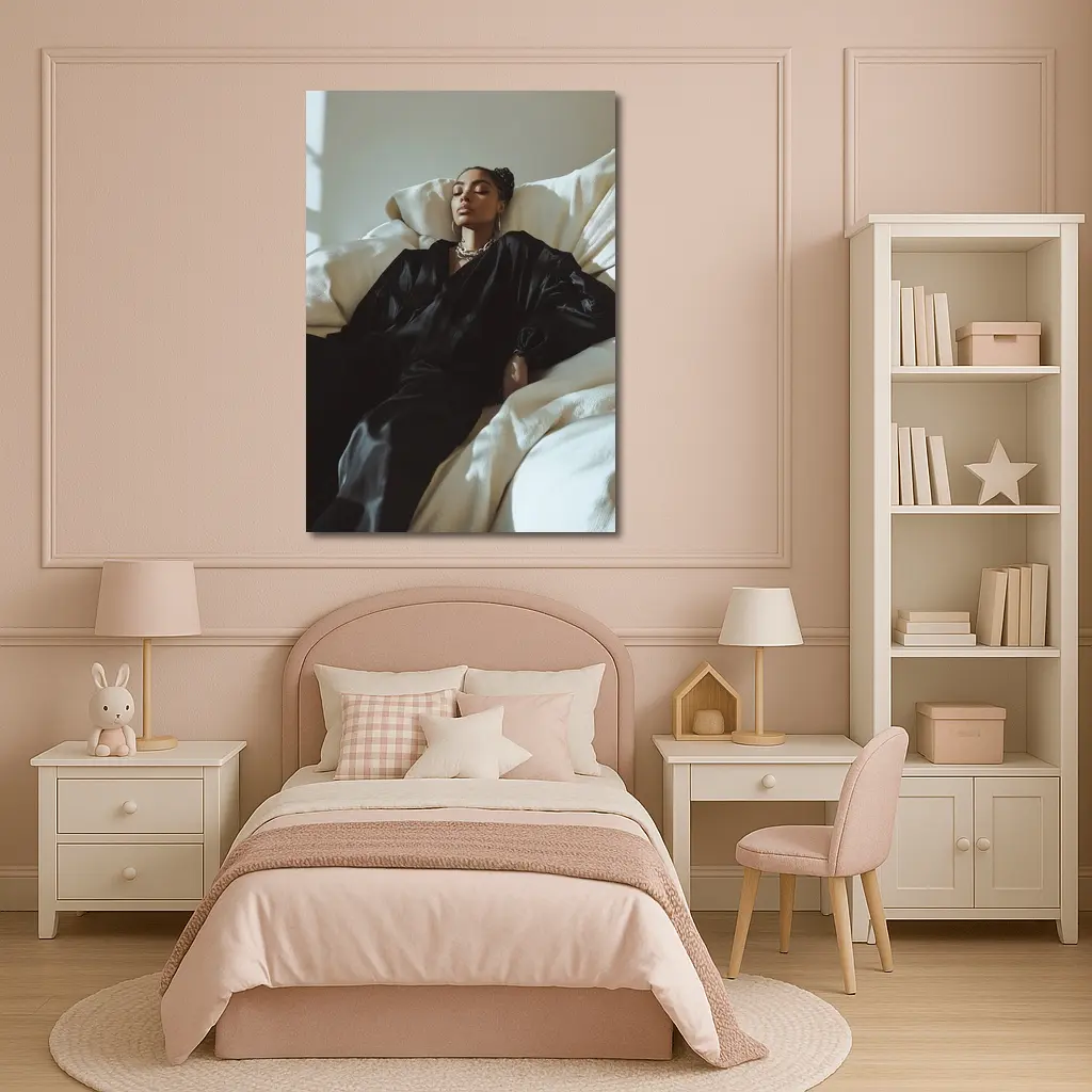 Woman in Black Silk Resting on White Sofa – Wall Art